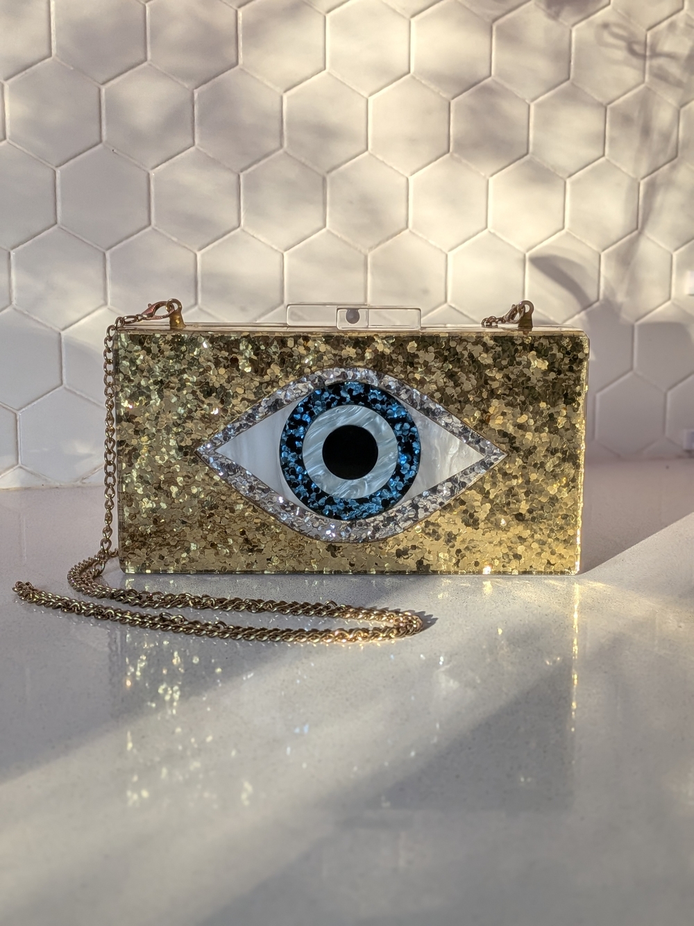 Gold Sequin Eye Clutch – Designer-Inspired Evening Bag